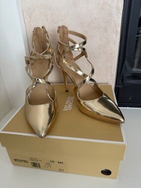 Michael Kors Catia Metallic Pale Gold Strappy Pointed Toe Heels 8M